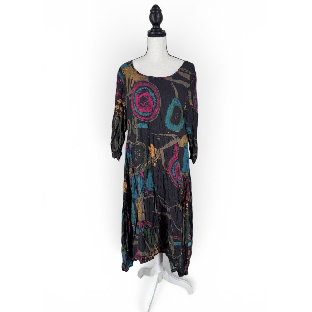 Shana Dress Abstract Mod‎ Funky Art Print Crinkled Hi Low Boho Size L